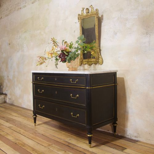 A LATE 19TH CENTURY LOUIS XVI STYLE THREEDRAWER COMMODE EBONISED MARBLE TOP - ADDITIONAL PHOTO 7