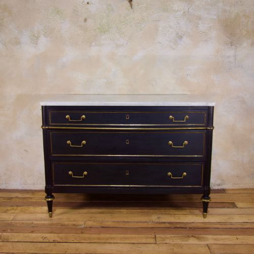 A LATE 19TH CENTURY LOUIS XVI STYLE THREEDRAWER COMMODE EBONISED MARBLE TOP - ADDITIONAL PHOTO 1