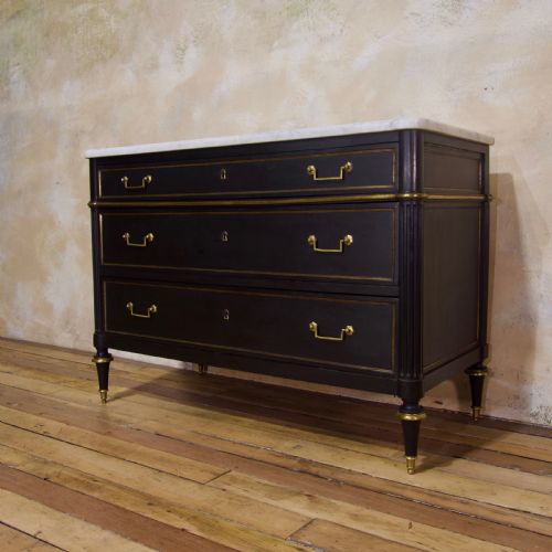 a late 19th century louis xvi style threedrawer commode ebonised marble top - CATEGORY: ANTIQUE CHEST OF DRAWERS - DATED 19TH CENTURY