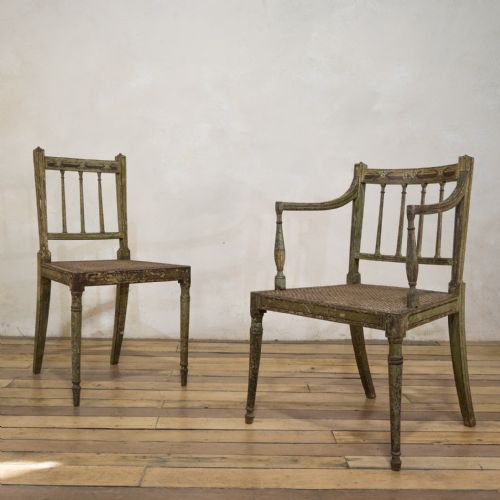 a charming near pair of regency green painted occasional elbow chairs - CATEGORY: ANTIQUE CHAIRS - DATED REGENCY