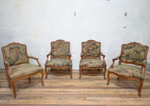 A NEAR PAIR 19TH CENTURY FRENCH LOUIS XV FAUTEUILS OPEN ARMCHAIRS AUBUSSON TAPESTRY - ADDITIONAL PHOTO 2