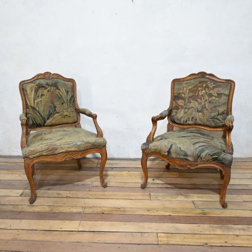 a near pair 19th century french louis xv fauteuils open armchairs aubusson tapestry - CATEGORY: ANTIQUE CHAIRS - DATED 19TH CENTURY