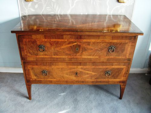 fig 1. Italian Neoclassical Louis XVI Marquetry Walnut Commode Chest of Drawers 