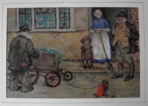 monkey green watercolour of an organ grinder and monkey by pfmillard - CATEGORY: ANTIQUE ART - DATED 1930