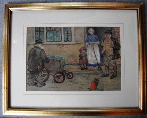 MONKEY GREEN WATERCOLOUR OF AN ORGAN GRINDER AND MONKEY BY PFMILLARD - ADDITIONAL PHOTO 2