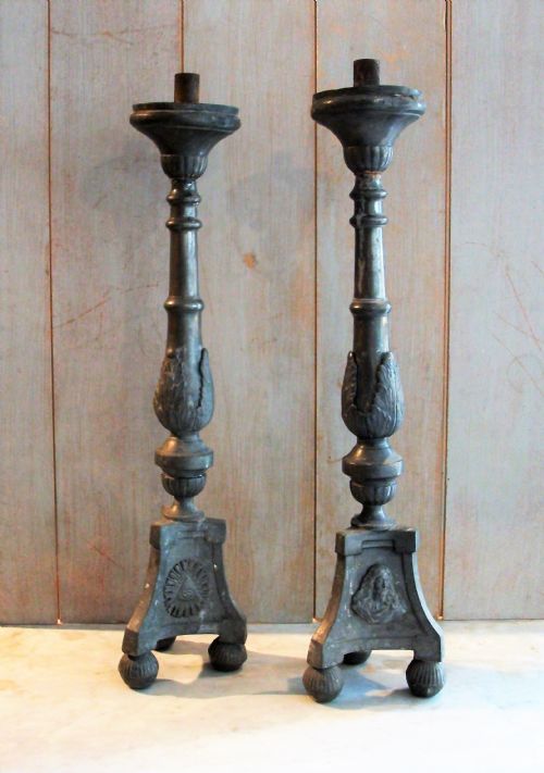 a pair of pewter tall candlesticks - CATEGORY: ANTIQUE LIGHTING - DATED 1900