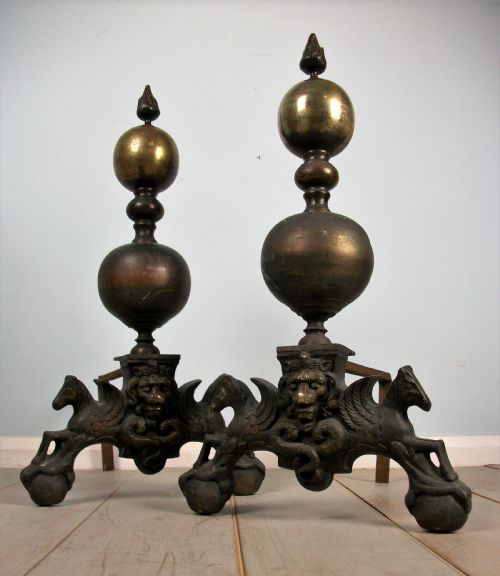 a good large solid pair of firedogsandirons - CATEGORY: ANTIQUE FIREPLACES - DATED 19TH CENTURY