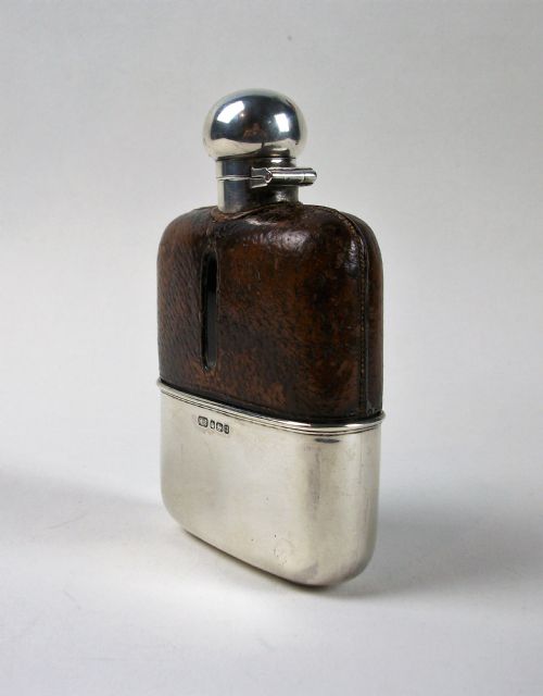 antique silver and leather bound hip flask - CATEGORY: ANTIQUE SILVER - DATED 1910