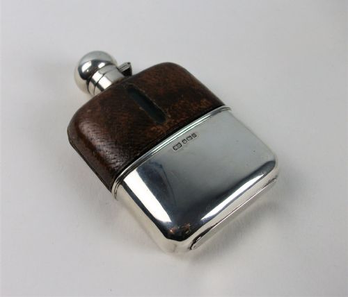 ANTIQUE SILVER AND LEATHER BOUND HIP FLASK - ADDITIONAL PHOTO 8