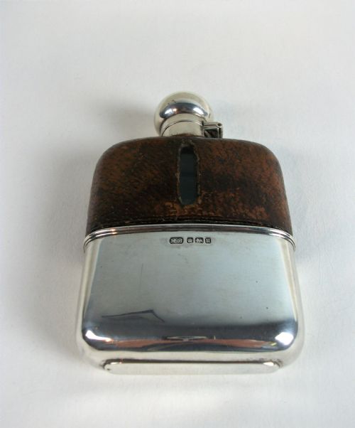ANTIQUE SILVER AND LEATHER BOUND HIP FLASK - ADDITIONAL PHOTO 9
