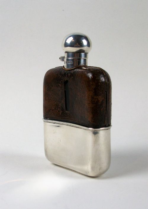 ANTIQUE SILVER AND LEATHER BOUND HIP FLASK - ADDITIONAL PHOTO 12