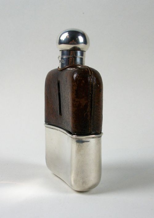 ANTIQUE SILVER AND LEATHER BOUND HIP FLASK - ADDITIONAL PHOTO 13