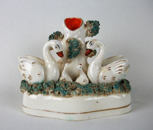 antique staffordshire swans and cygnets spill vase tulip holder - CATEGORY: ANTIQUE VASES - DATED VICTORIAN