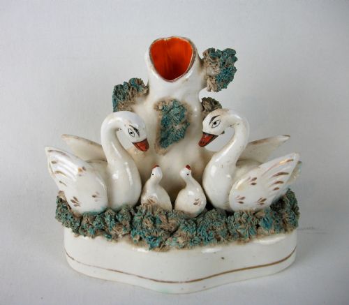 ANTIQUE STAFFORDSHIRE SWANS AND CYGNETS SPILL VASE TULIP HOLDER - ADDITIONAL PHOTO 1