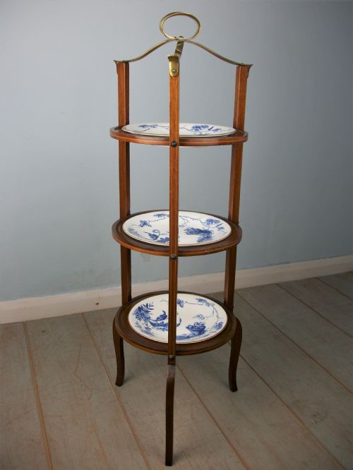 EDWARDIAN MAHOGANY THREE TIER CAKE STAND WITH PLATES - ADDITIONAL PHOTO 9