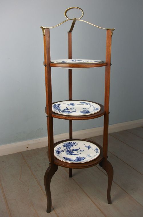 EDWARDIAN MAHOGANY THREE TIER CAKE STAND WITH PLATES - ADDITIONAL PHOTO 3