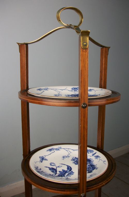 EDWARDIAN MAHOGANY THREE TIER CAKE STAND WITH PLATES - ADDITIONAL PHOTO 1