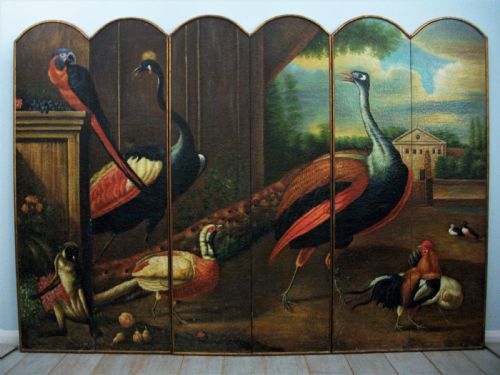 large wall art oil painting depicting exotic animals birds designed as a six panel folding dressing screen room divider - CATEGORY: ANTIQUE ART - DATED 1950