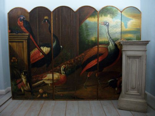 LARGE WALL ART OIL PAINTING DEPICTING EXOTIC ANIMALS BIRDS DESIGNED AS A SIX PANEL FOLDING DRESSING SCREEN ROOM DIVIDER - ADDITIONAL PHOTO 2