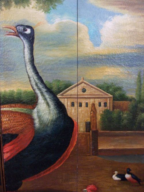 LARGE WALL ART OIL PAINTING DEPICTING EXOTIC ANIMALS BIRDS DESIGNED AS A SIX PANEL FOLDING DRESSING SCREEN ROOM DIVIDER - ADDITIONAL PHOTO 3