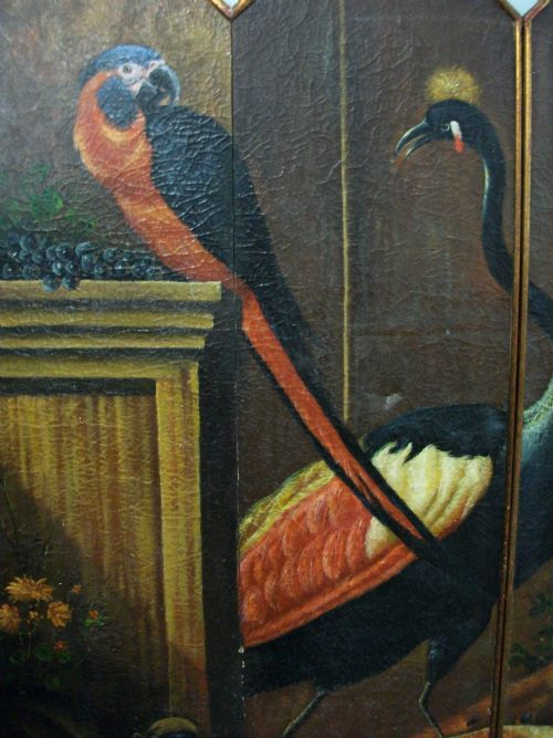 LARGE WALL ART OIL PAINTING DEPICTING EXOTIC ANIMALS BIRDS DESIGNED AS A SIX PANEL FOLDING DRESSING SCREEN ROOM DIVIDER - ADDITIONAL PHOTO 4