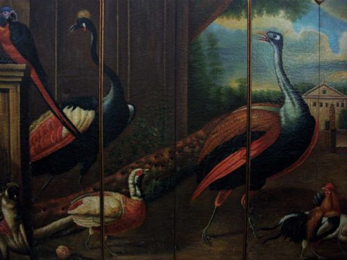 LARGE WALL ART OIL PAINTING DEPICTING EXOTIC ANIMALS BIRDS DESIGNED AS A SIX PANEL FOLDING DRESSING SCREEN ROOM DIVIDER - ADDITIONAL PHOTO 10