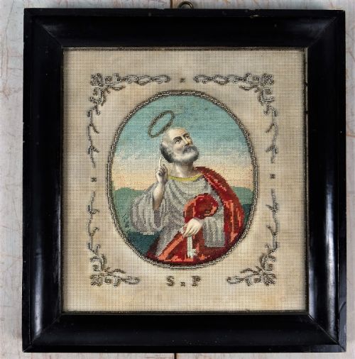 ST PETER HOLDING THE KEYS OF HEAVEN RELIGIOUS NEEDLEPOINT ANTIQUE PICTURE - ADDITIONAL PHOTO 1