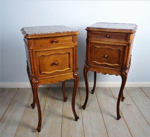 PAIR OF FRENCH WALNUT AND MARBLE BEDSIDE CUPBOARDS - ADDITIONAL PHOTO 1
