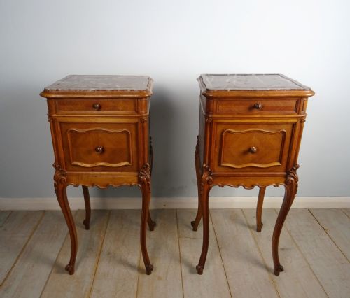 PAIR OF FRENCH WALNUT AND MARBLE BEDSIDE CUPBOARDS - ADDITIONAL PHOTO 2