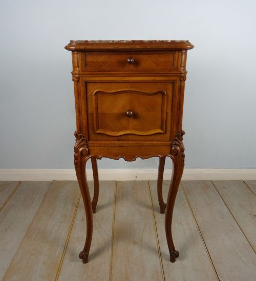 PAIR OF FRENCH WALNUT AND MARBLE BEDSIDE CUPBOARDS - ADDITIONAL PHOTO 5