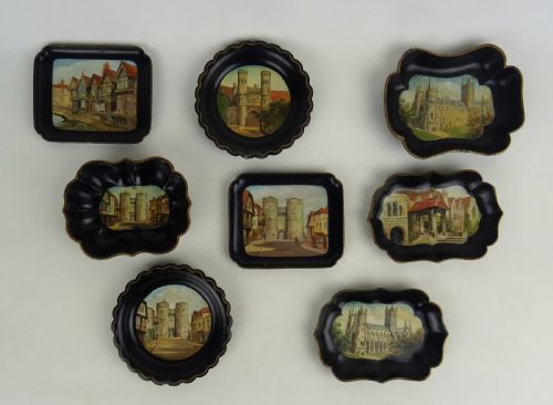 set of eight papier mache gaming token trays showing wonderful hand painted scenes of canterbury kent england - CATEGORY: ANTIQUE ART - DATED 1900