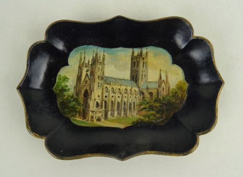 SET OF EIGHT PAPIER MACHE GAMING TOKEN TRAYS SHOWING WONDERFUL HAND PAINTED SCENES OF CANTERBURY KENT ENGLAND - ADDITIONAL PHOTO 2