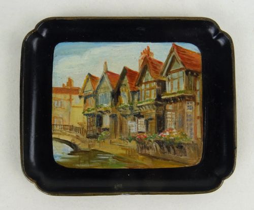 SET OF EIGHT PAPIER MACHE GAMING TOKEN TRAYS SHOWING WONDERFUL HAND PAINTED SCENES OF CANTERBURY KENT ENGLAND - ADDITIONAL PHOTO 3