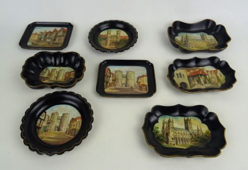 SET OF EIGHT PAPIER MACHE GAMING TOKEN TRAYS SHOWING WONDERFUL HAND PAINTED SCENES OF CANTERBURY KENT ENGLAND - ADDITIONAL PHOTO 6