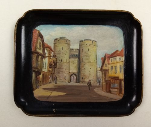 SET OF EIGHT PAPIER MACHE GAMING TOKEN TRAYS SHOWING WONDERFUL HAND PAINTED SCENES OF CANTERBURY KENT ENGLAND - ADDITIONAL PHOTO 9