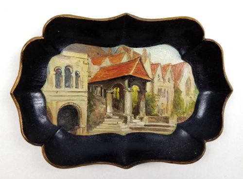 SET OF EIGHT PAPIER MACHE GAMING TOKEN TRAYS SHOWING WONDERFUL HAND PAINTED SCENES OF CANTERBURY KENT ENGLAND - ADDITIONAL PHOTO 10