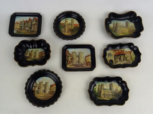 SET OF EIGHT PAPIER MACHE GAMING TOKEN TRAYS SHOWING WONDERFUL HAND PAINTED SCENES OF CANTERBURY KENT ENGLAND - ADDITIONAL PHOTO 11