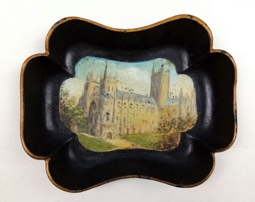SET OF EIGHT PAPIER MACHE GAMING TOKEN TRAYS SHOWING WONDERFUL HAND PAINTED SCENES OF CANTERBURY KENT ENGLAND - ADDITIONAL PHOTO 8