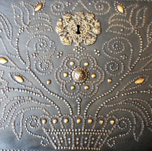 ANTIQUE LEATHER CLAD COFFER PANEL WITH NAILHEAD DETAILS - ADDITIONAL PHOTO 1