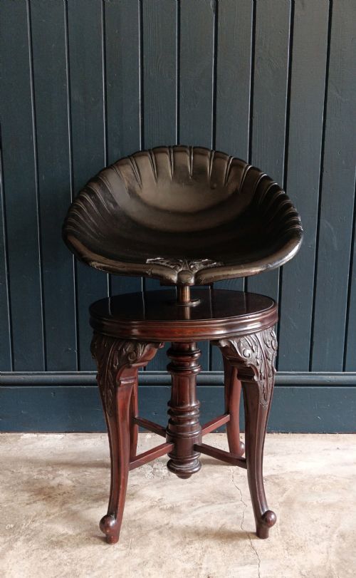 ANTIQUE PAPIER MACHE AND MAHOGANY REVOLVING HARPIST MUSIC STOOL