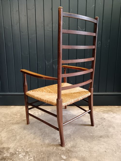 LIBERTY CO ARTS CRAFTS LOW LADDER BACK ARMCHAIR WITH RUSH SEAT C 1900 - ADDITIONAL PHOTO 5