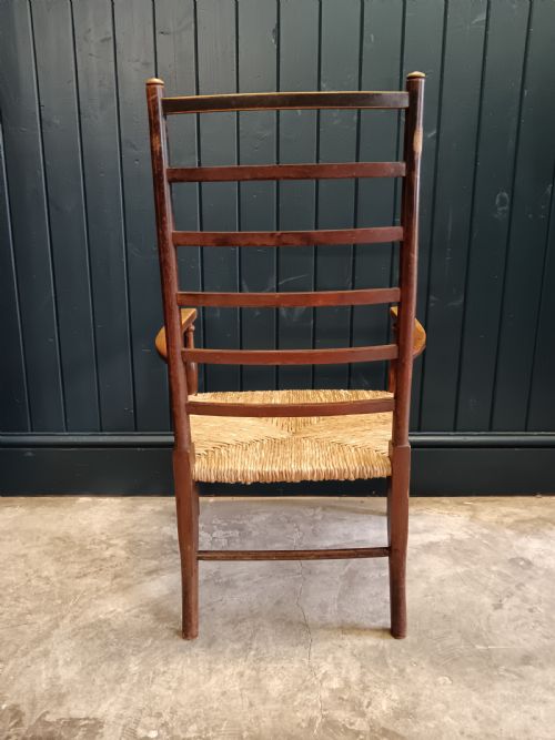 LIBERTY CO ARTS CRAFTS LOW LADDER BACK ARMCHAIR WITH RUSH SEAT C 1900 - ADDITIONAL PHOTO 6