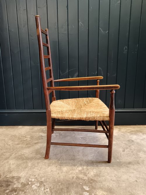LIBERTY CO ARTS CRAFTS LOW LADDER BACK ARMCHAIR WITH RUSH SEAT C 1900 - ADDITIONAL PHOTO 8