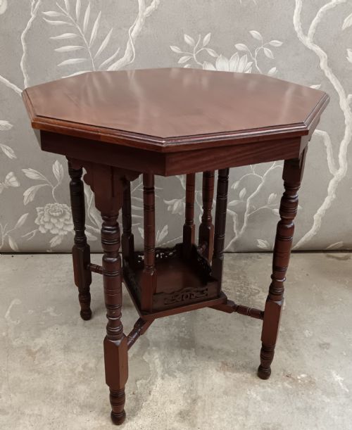 ANTIQUE WALNUT VICTORIAN ARTS CRAFTS OCTAGONAL SIDE TABLE - ADDITIONAL PHOTO 4