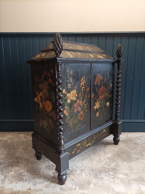 victorian floral painted cabinet bookcase with turned columns - CATEGORY: ANTIQUE CUPBOARDS - DATED 1850