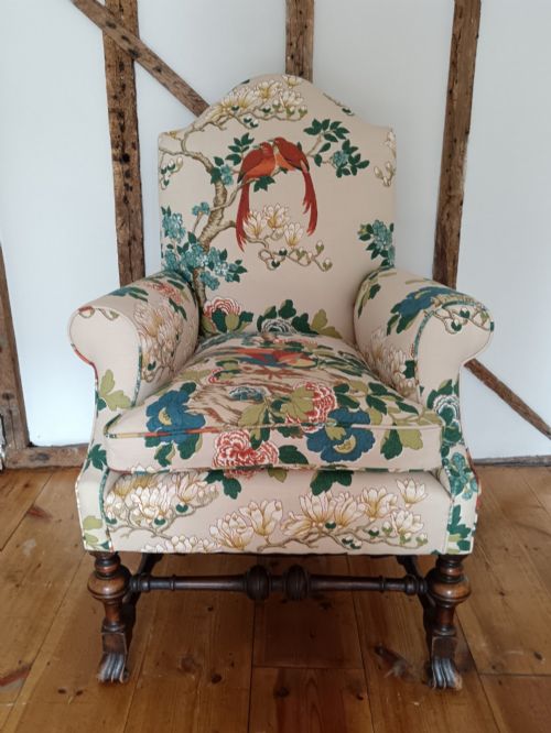 fig 1. William & Mary Revival Armchair Newly Reupholstered in Luxury GP & J Baker 'Rockbird' Fabric