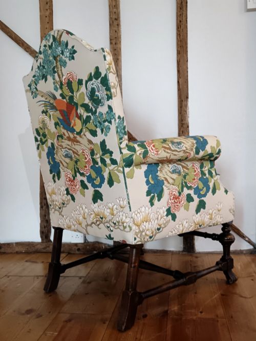 fig 2. William & Mary Revival Armchair Newly Reupholstered in Luxury GP & J Baker 'Rockbird' Fabric