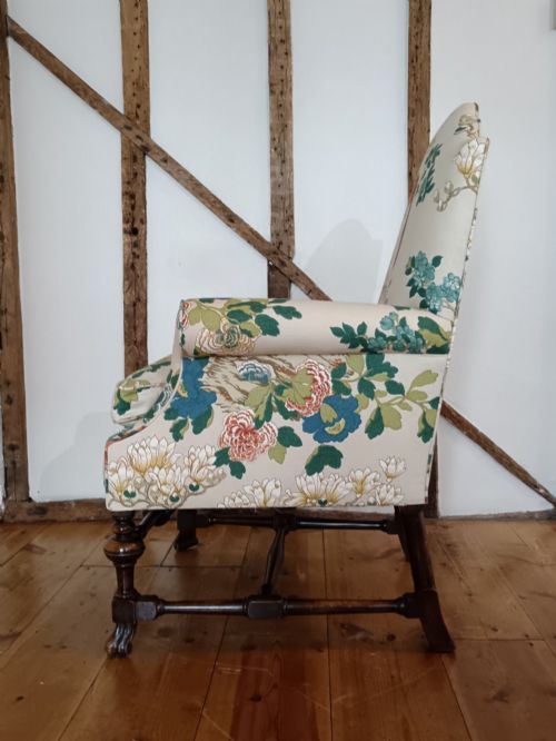 fig 4. William & Mary Revival Armchair Newly Reupholstered in Luxury GP & J Baker 'Rockbird' Fabric