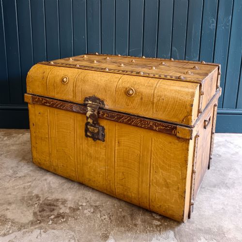 Large Antique Faux-wood Painted Metal Steamer Trunk C.1890