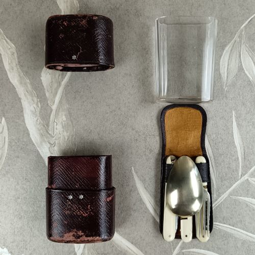 Victorian Folding Campaign Cutlery Set in Morocco Leather Case